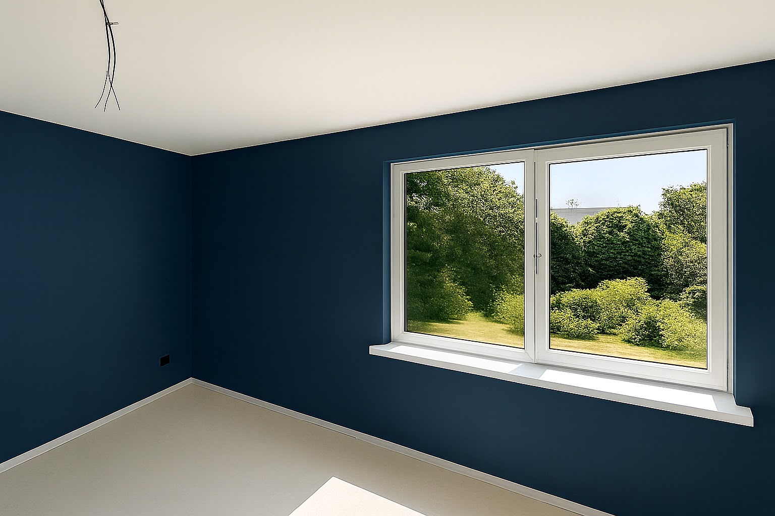 Latex gespoten wand in diepblauw met wit plafond